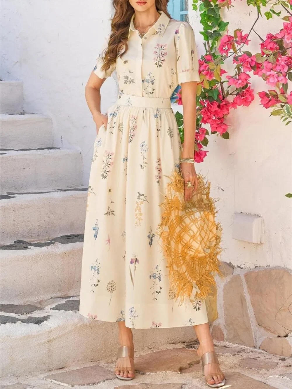 Womens 2 Piece Floral Skirt Sets Puff Sleeve Blouse and Elastic Waist Matching S